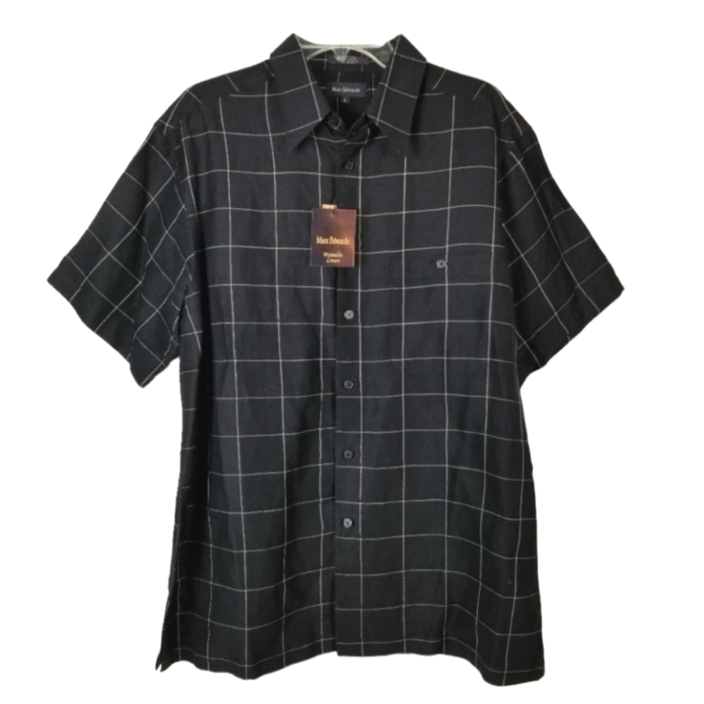 Marc Edwards Mens Washable Linen Button Shirt Size Large Black Windowpane Plaid